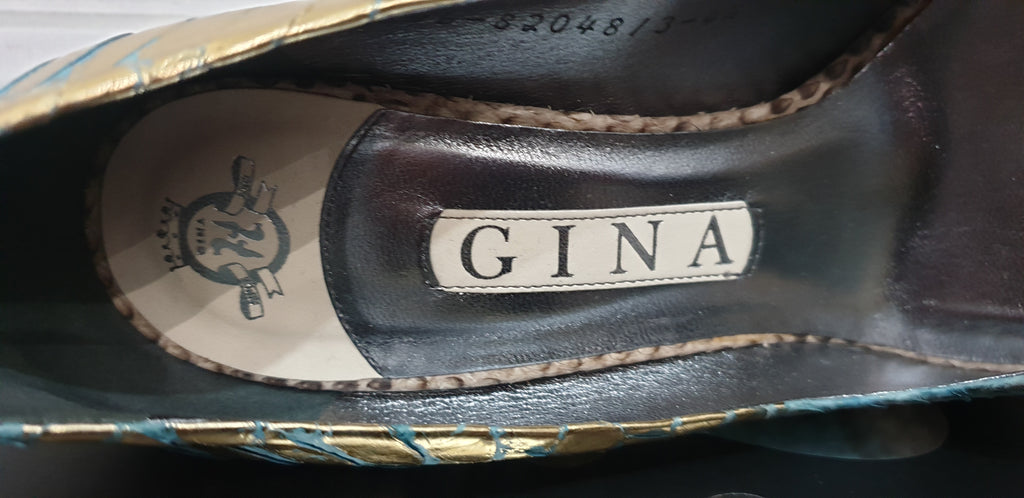 GINA Blue Gold Python Leather Peep Toe Platform High Evening Sandals Shoes UK4.5