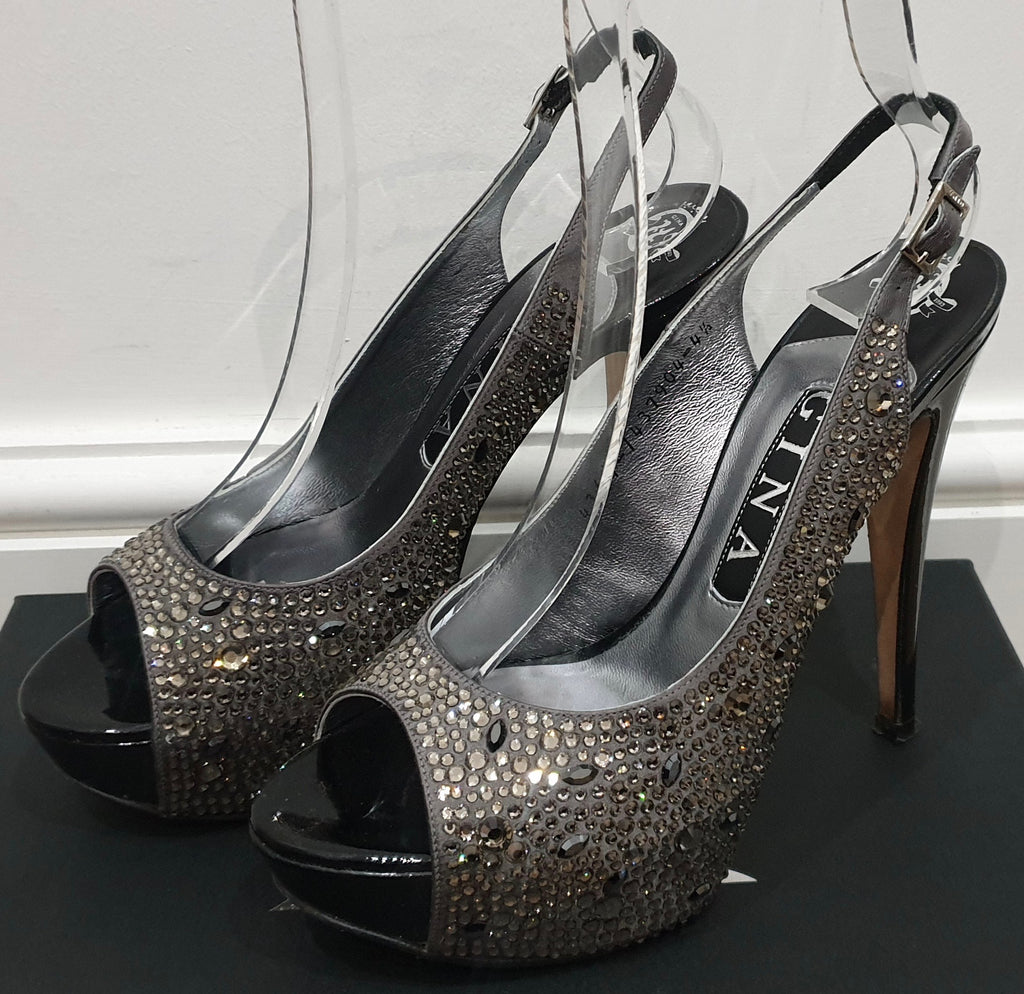 GINA Dark Grey Satin Crystal Embellished Peep Toe Platform Evening Sandals UK4.5