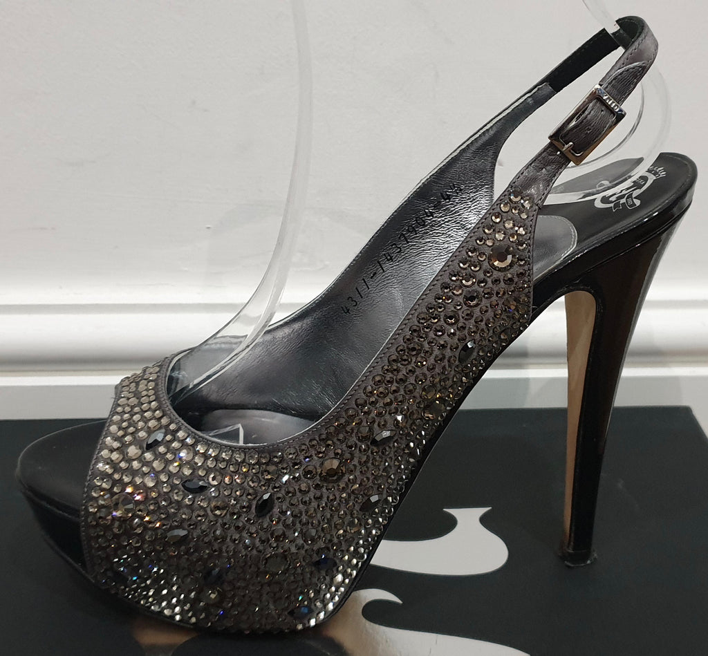 GINA Dark Grey Satin Crystal Embellished Peep Toe Platform Evening Sandals UK4.5