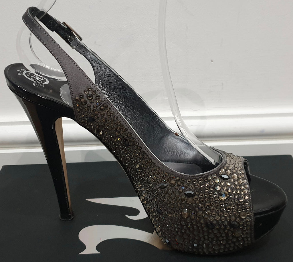 GINA Dark Grey Satin Crystal Embellished Peep Toe Platform Evening Sandals UK4.5