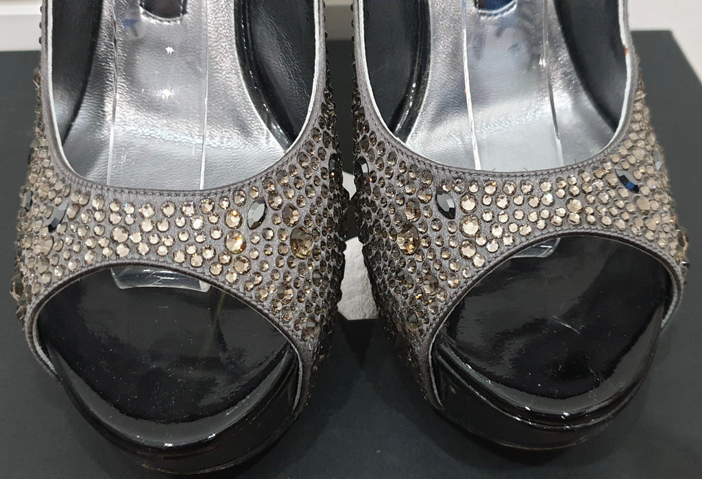 GINA Dark Grey Satin Crystal Embellished Peep Toe Platform Evening Sandals UK4.5