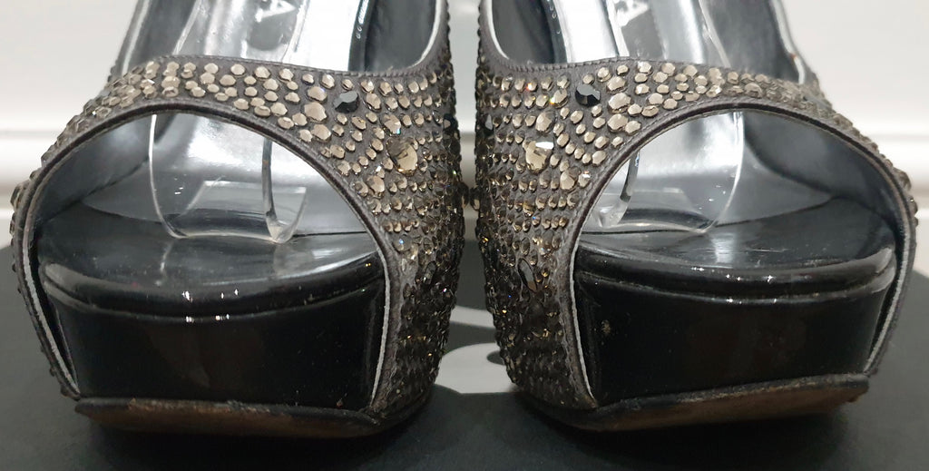 GINA Dark Grey Satin Crystal Embellished Peep Toe Platform Evening Sandals UK4.5