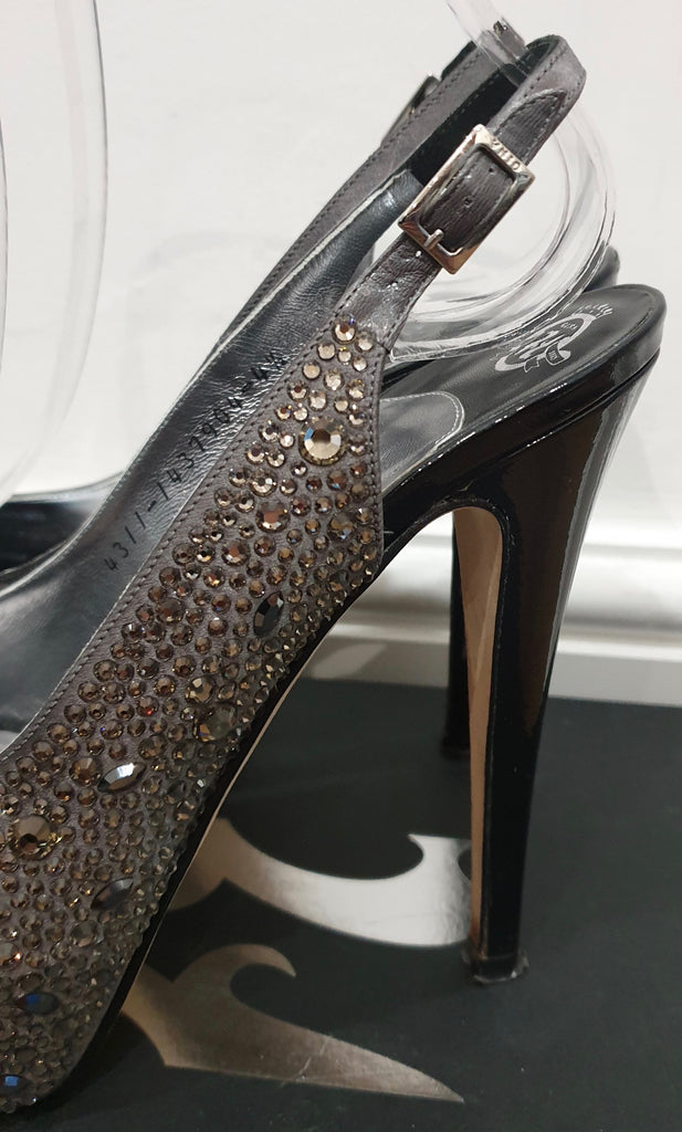 GINA Dark Grey Satin Crystal Embellished Peep Toe Platform Evening Sandals UK4.5