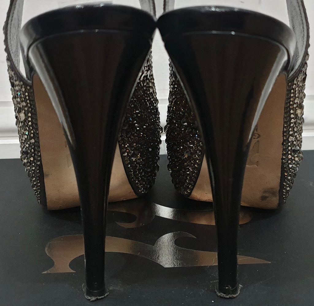 GINA Dark Grey Satin Crystal Embellished Peep Toe Platform Evening Sandals UK4.5