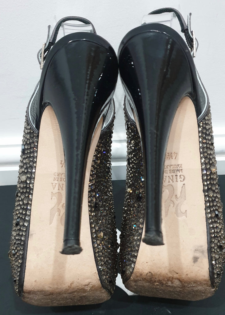 GINA Dark Grey Satin Crystal Embellished Peep Toe Platform Evening Sandals UK4.5
