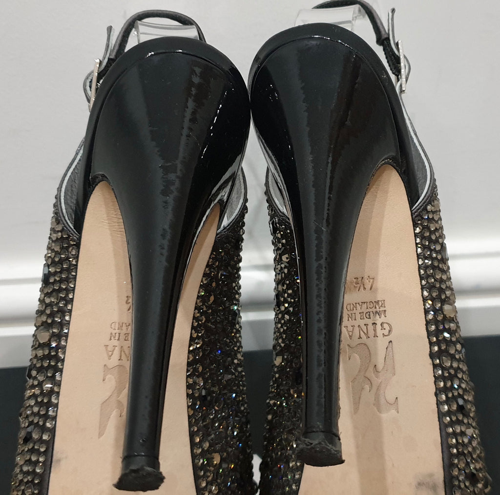 GINA Dark Grey Satin Crystal Embellished Peep Toe Platform Evening Sandals UK4.5