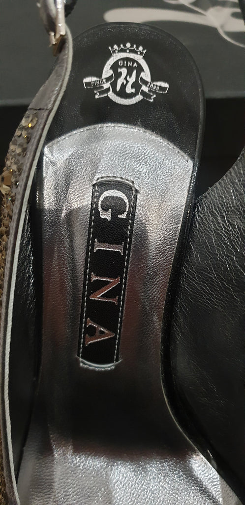 GINA Dark Grey Satin Crystal Embellished Peep Toe Platform Evening Sandals UK4.5