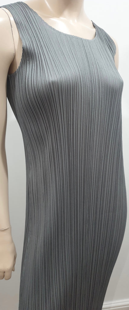 PLEATS PLEASE ISSEY MIYAKE Silver Grey Pleated Sleeveless Midi Dress 3 UK12