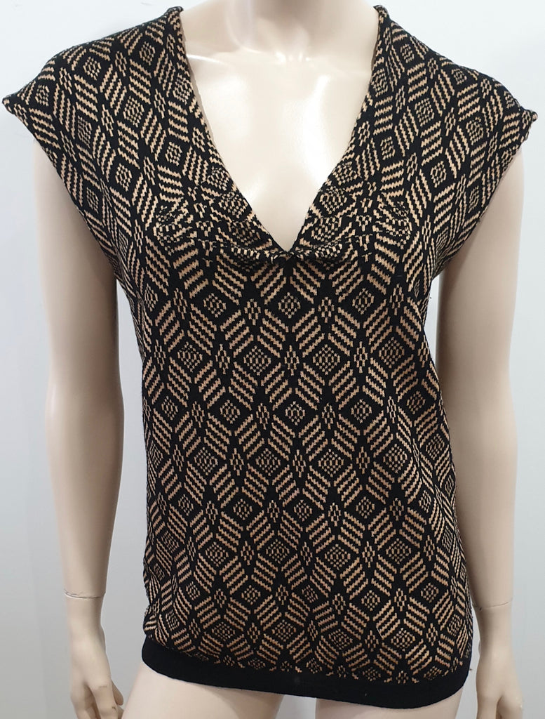 DRIES VAN NOTEN Black Brown Wool Silk Fine Knit Patterned Jumper Sweater Top S