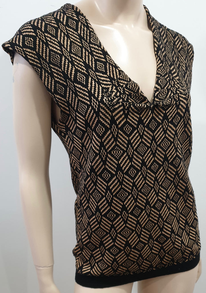 DRIES VAN NOTEN Black Brown Wool Silk Fine Knit Patterned Jumper Sweater Top S