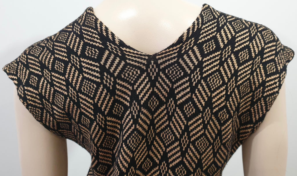 DRIES VAN NOTEN Black Brown Wool Silk Fine Knit Patterned Jumper Sweater Top S