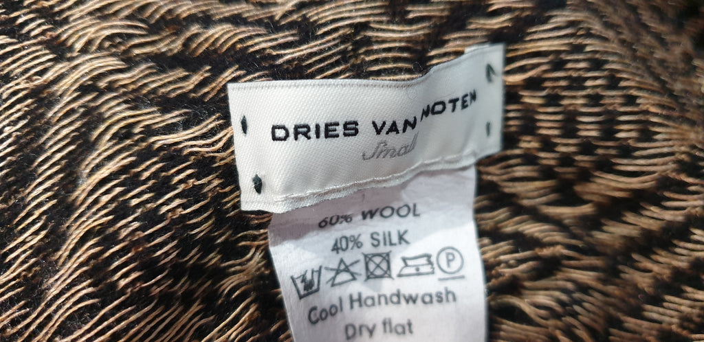 DRIES VAN NOTEN Black Brown Wool Silk Fine Knit Patterned Jumper Sweater Top S