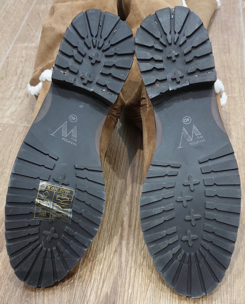 VANESSA WU Tan Suedette Cream Lining & Trim Casual Knee Boots EU40 UK7 NEW!