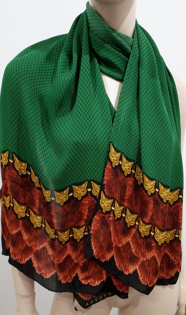 VASSILISA Designer Green Multi Colour 100% Silk Fox Print Large Square Scarf