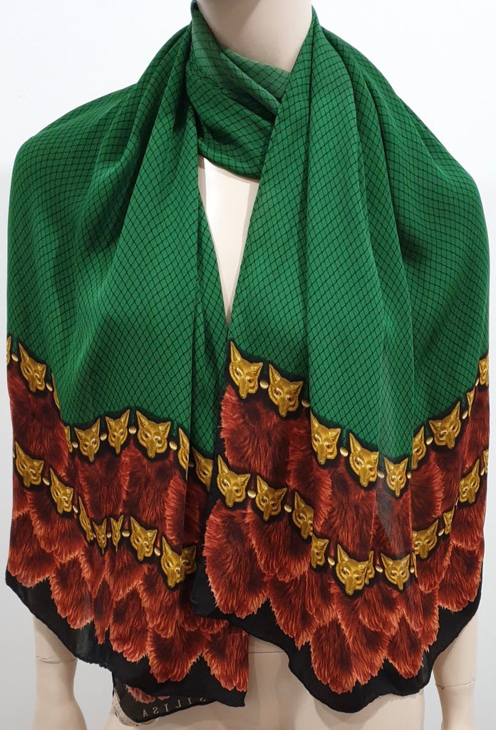 VASSILISA Designer Green Multi Colour 100% Silk Fox Print Large Square Scarf