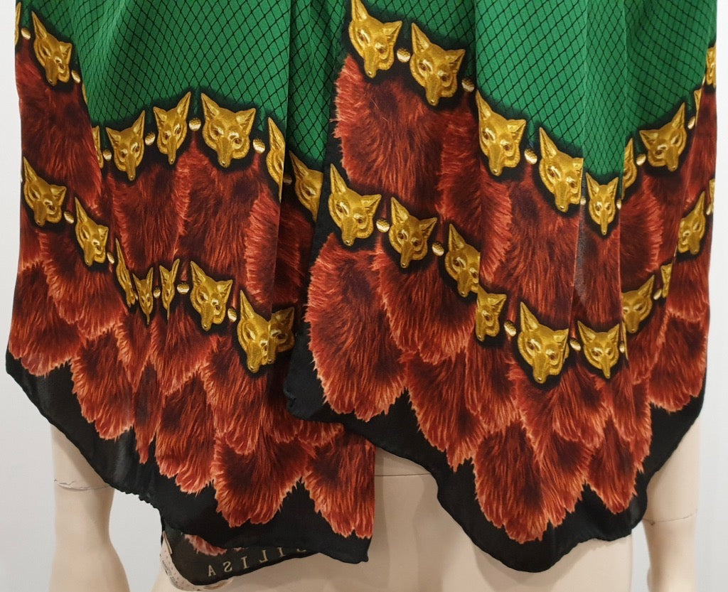 VASSILISA Designer Green Multi Colour 100% Silk Fox Print Large Square Scarf