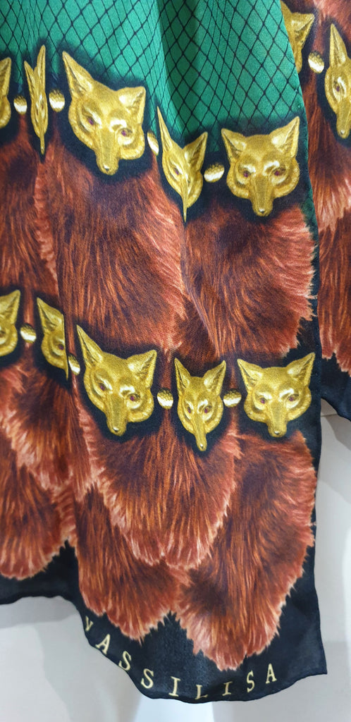 VASSILISA Designer Green Multi Colour 100% Silk Fox Print Large Square Scarf