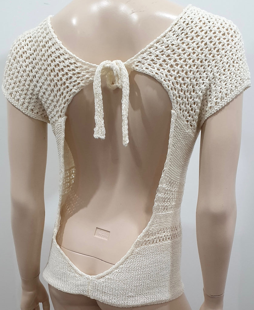 KRISTIANA TI Cream Cotton Blend Open Tie Back Knitwear Jumper Sweater Top UK10