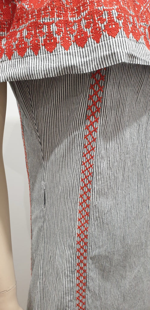 VALIANTE Grey White Striped Cotton Orange Embroidered Off Shoulder Midi Dress M