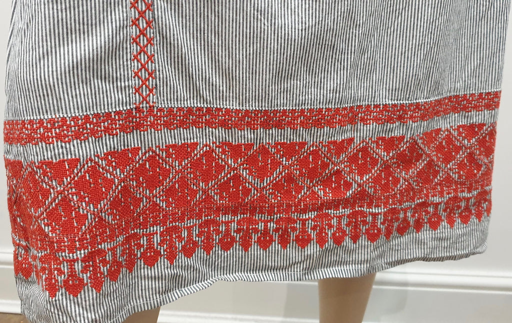 VALIANTE Grey White Striped Cotton Orange Embroidered Off Shoulder Midi Dress M