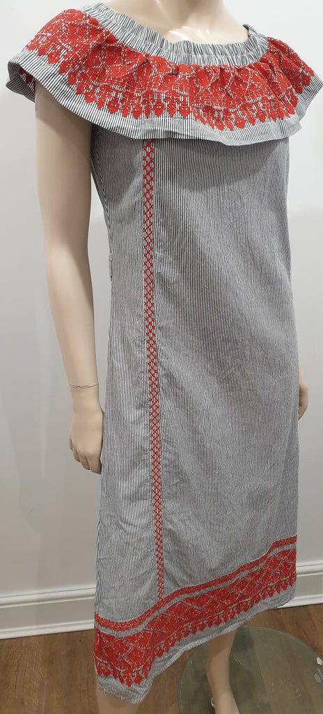 VALIANTE Grey White Striped Cotton Orange Embroidered Off Shoulder Midi Dress M