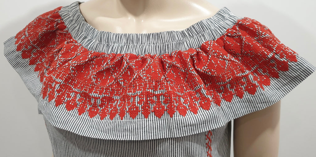 VALIANTE Grey White Striped Cotton Orange Embroidered Off Shoulder Midi Dress M