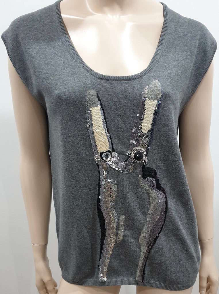 MARKUS LUPFER Grey Scoop Neck Sequin & Jewelled Knitwear Jumper Sweater Top S