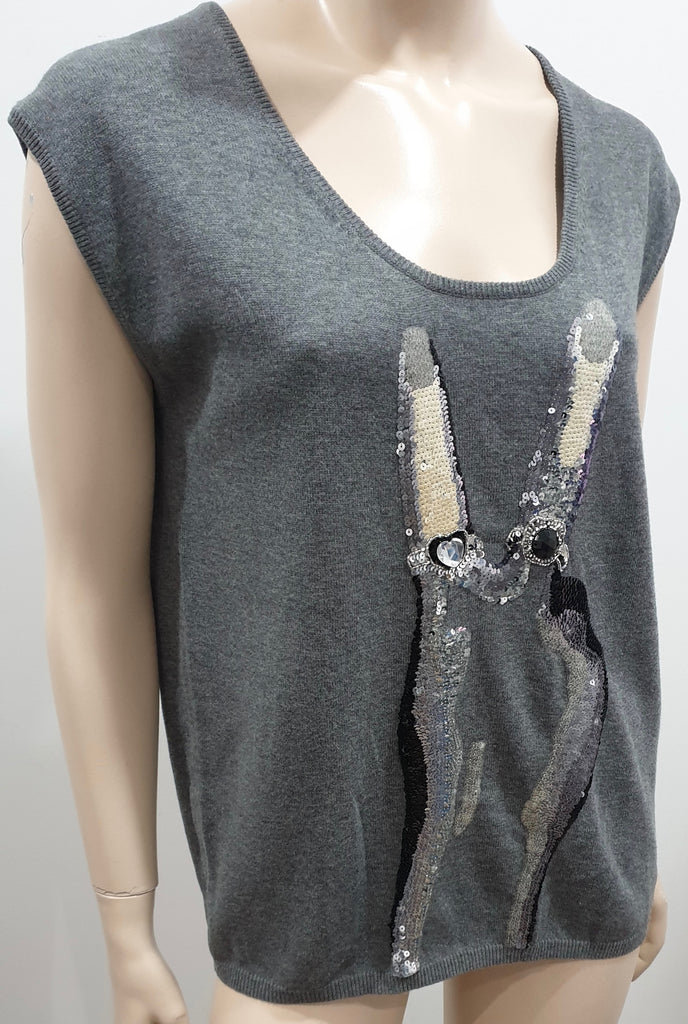 MARKUS LUPFER Grey Scoop Neck Sequin & Jewelled Knitwear Jumper Sweater Top S