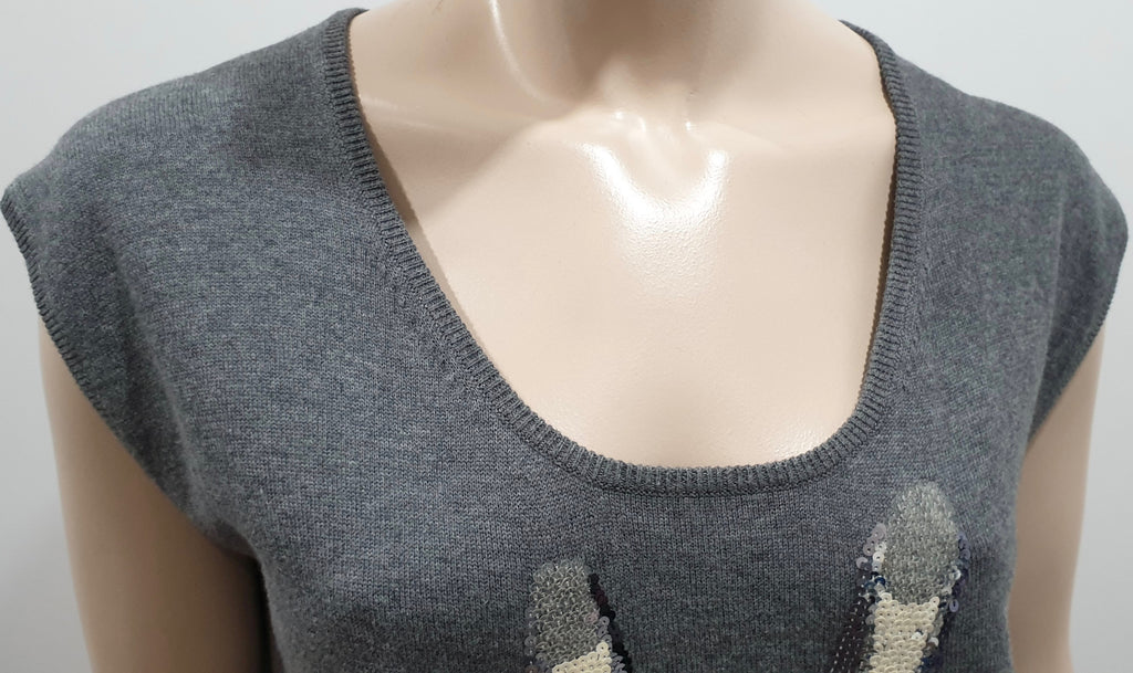 MARKUS LUPFER Grey Scoop Neck Sequin & Jewelled Knitwear Jumper Sweater Top S