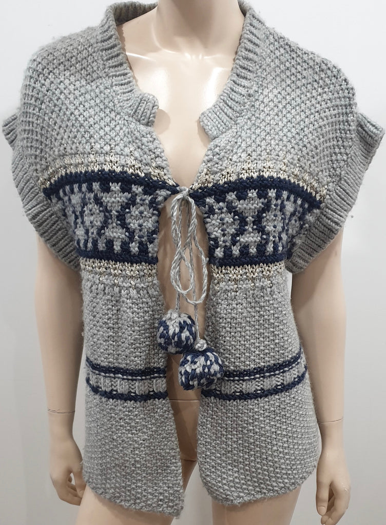 PAUL & JOE Grey Silver Black Wool Blend Pom Pom Fasten Chunky Knitwear Cardigan