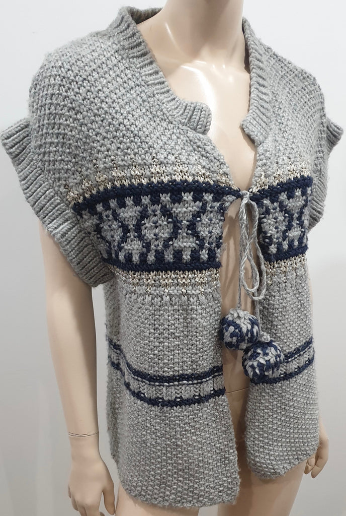 PAUL & JOE Grey Silver Black Wool Blend Pom Pom Fasten Chunky Knitwear Cardigan