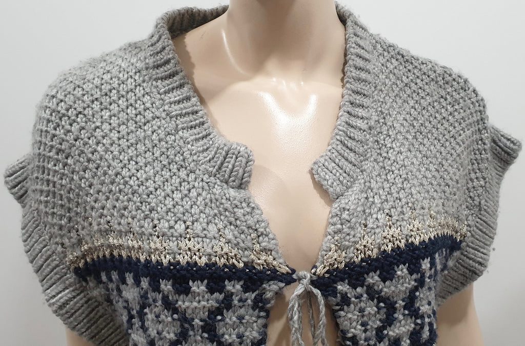 PAUL & JOE Grey Silver Black Wool Blend Pom Pom Fasten Chunky Knitwear Cardigan