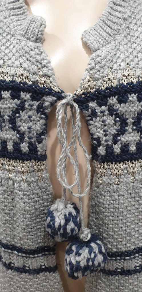 PAUL & JOE Grey Silver Black Wool Blend Pom Pom Fasten Chunky Knitwear Cardigan