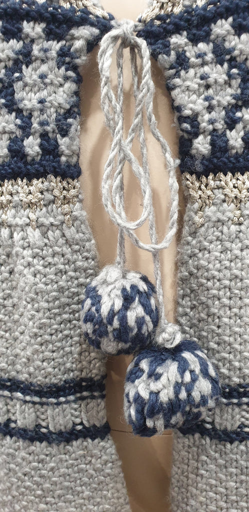 PAUL & JOE Grey Silver Black Wool Blend Pom Pom Fasten Chunky Knitwear Cardigan