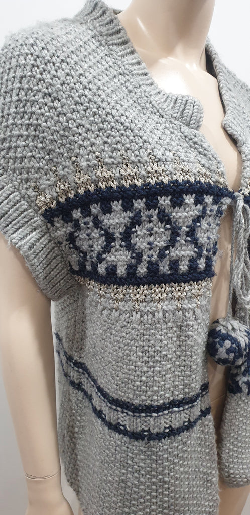 PAUL & JOE Grey Silver Black Wool Blend Pom Pom Fasten Chunky Knitwear Cardigan