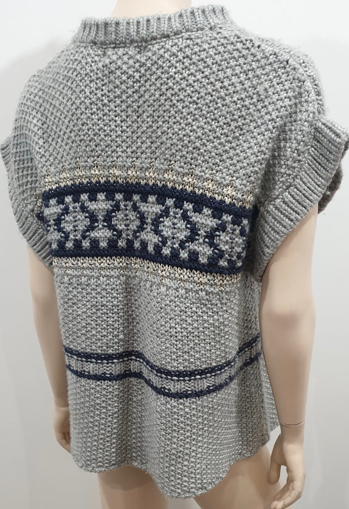 PAUL & JOE Grey Silver Black Wool Blend Pom Pom Fasten Chunky Knitwear Cardigan