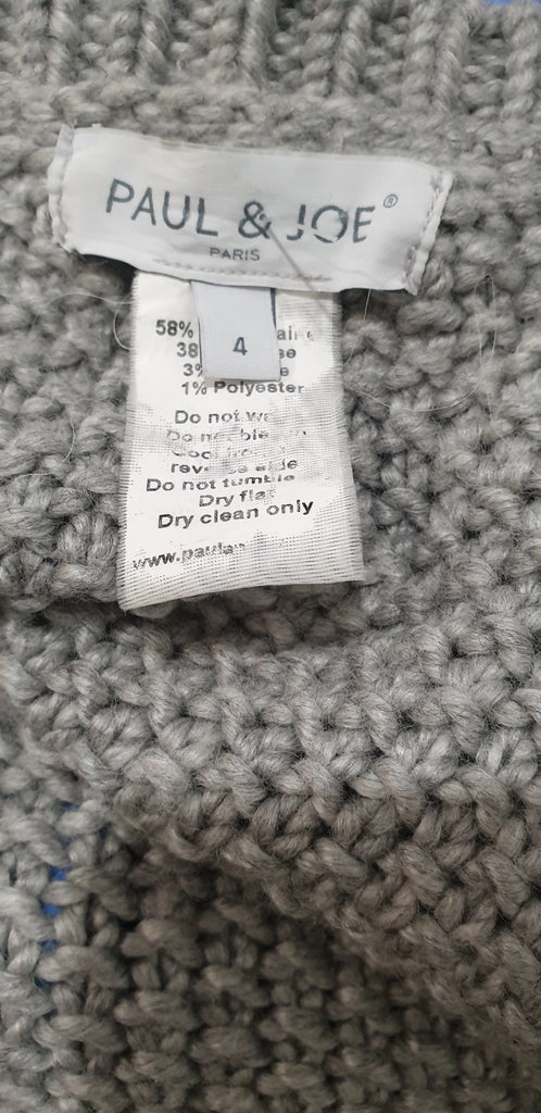 PAUL & JOE Grey Silver Black Wool Blend Pom Pom Fasten Chunky Knitwear Cardigan