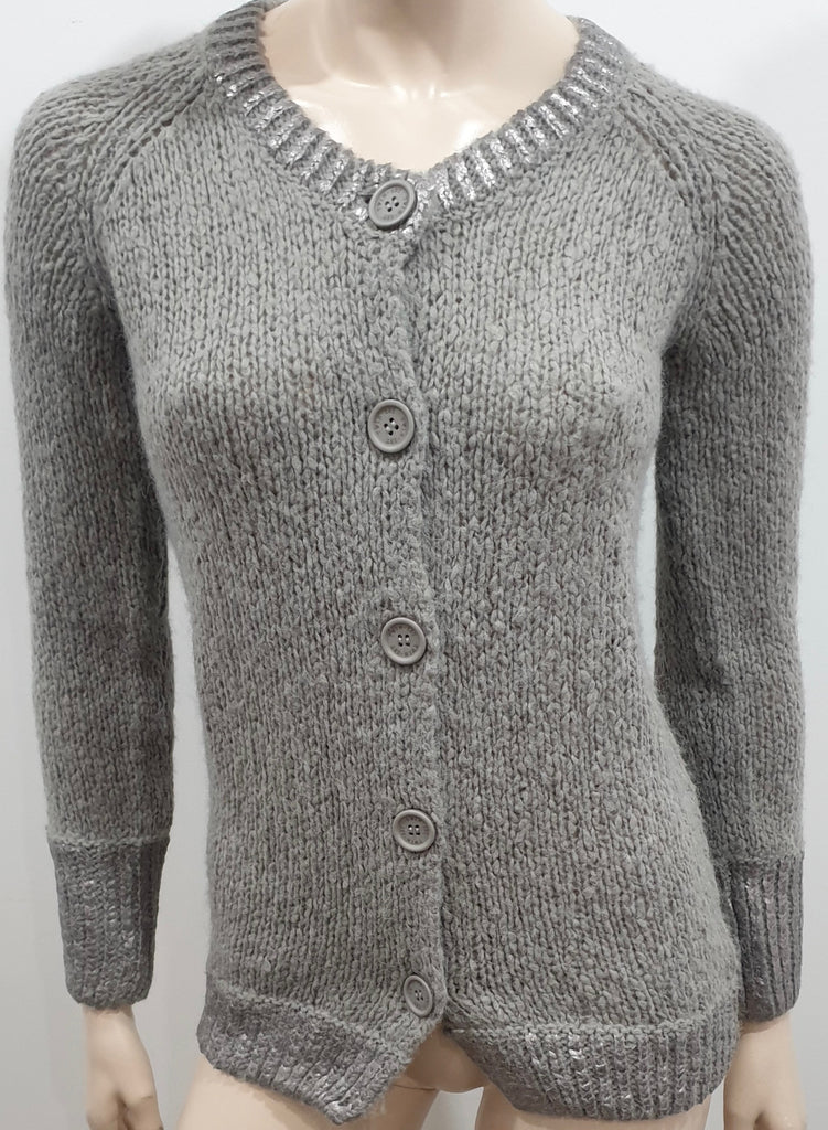 TWIN SET SIMON BARBIERI Grey Chunky Knit Silver Metallic Heart Cardigan 12 BNWT