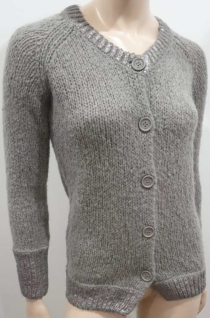 TWIN SET SIMON BARBIERI Grey Chunky Knit Silver Metallic Heart Cardigan 12 BNWT