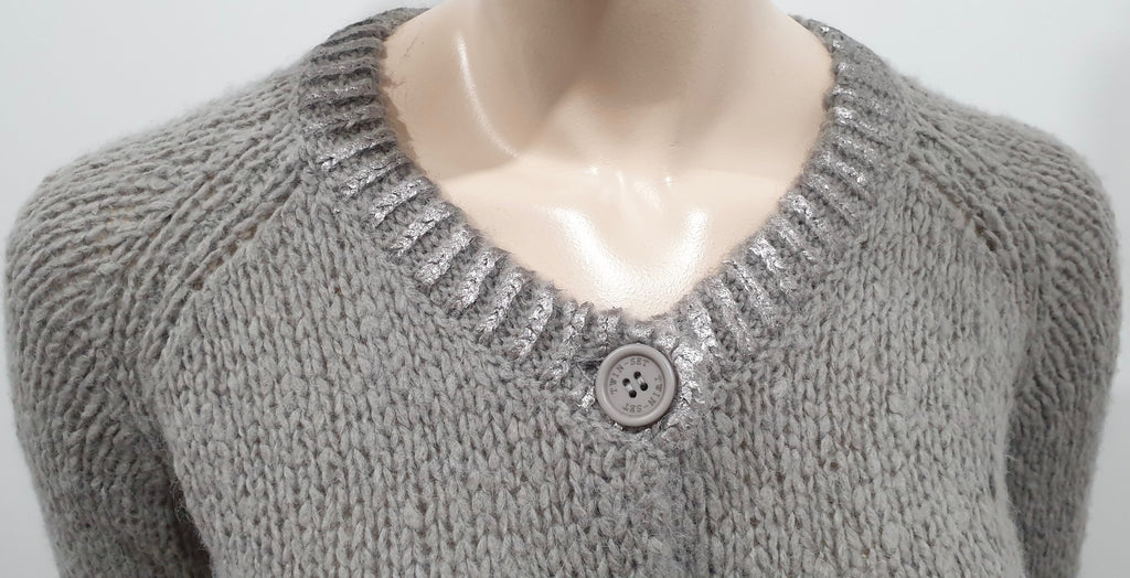 TWIN SET SIMON BARBIERI Grey Chunky Knit Silver Metallic Heart Cardigan 12 BNWT