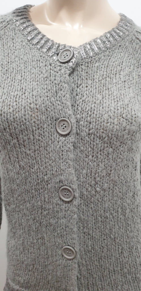 TWIN SET SIMON BARBIERI Grey Chunky Knit Silver Metallic Heart Cardigan 12 BNWT