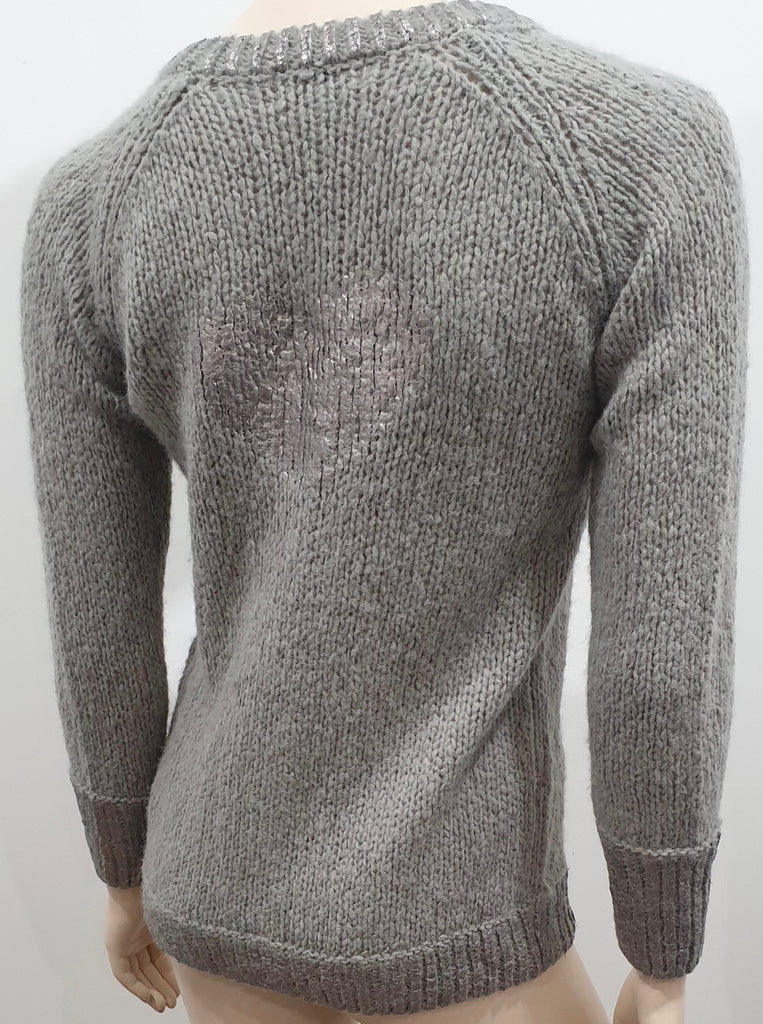 TWIN SET SIMON BARBIERI Grey Chunky Knit Silver Metallic Heart Cardigan 12 BNWT
