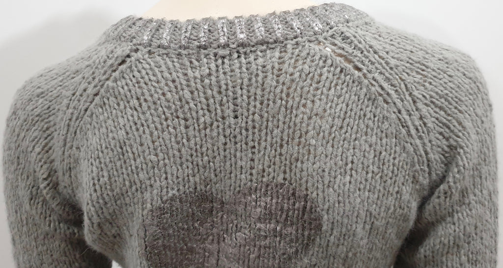 TWIN SET SIMON BARBIERI Grey Chunky Knit Silver Metallic Heart Cardigan 12 BNWT