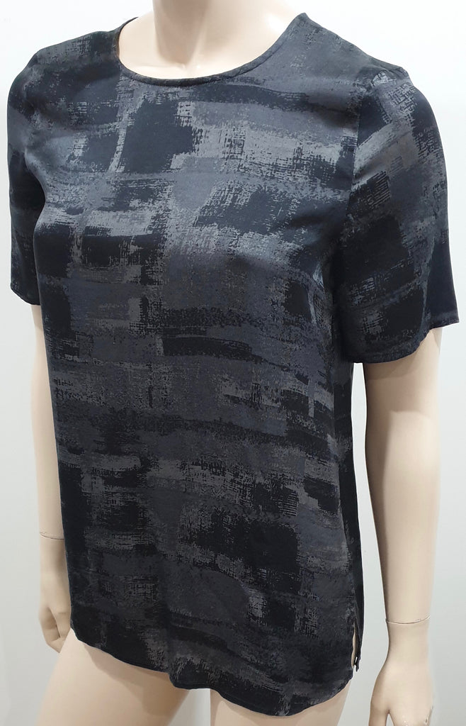 EILEEN FISHER Black & Charcoal Grey Silk Abstract Print Short Sleeve Blouse Top