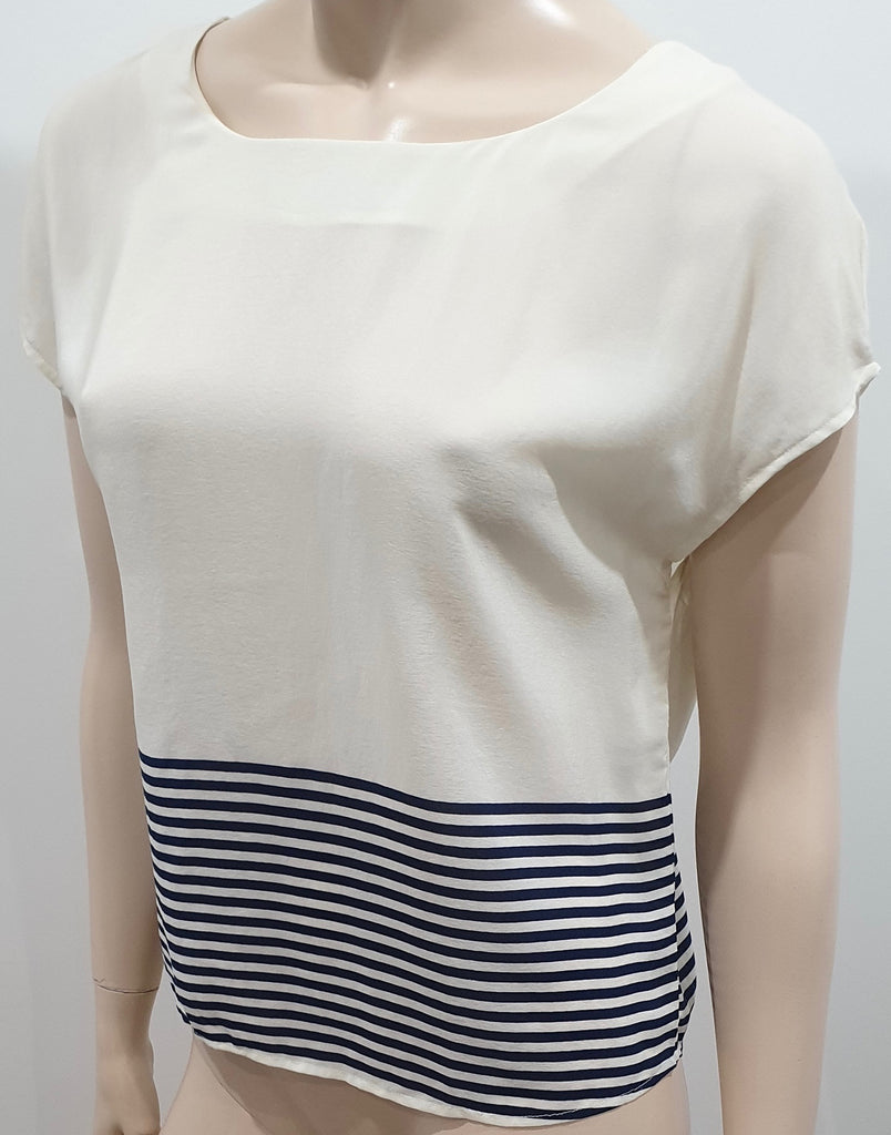 JOIE Cream Navy Blue Silk Round Neck Stripe Hemline Short Cap Sleeve Blouse Top