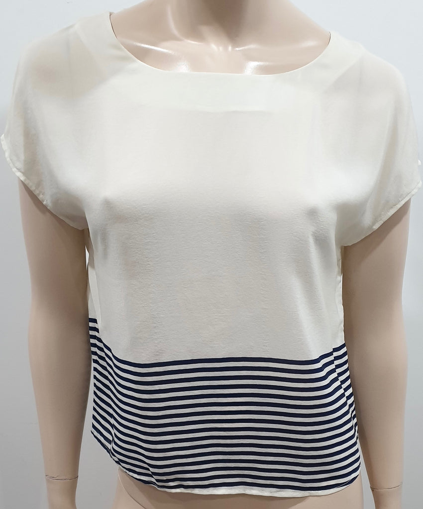 JOIE Cream Navy Blue Silk Round Neck Stripe Hemline Short Cap Sleeve Blouse Top