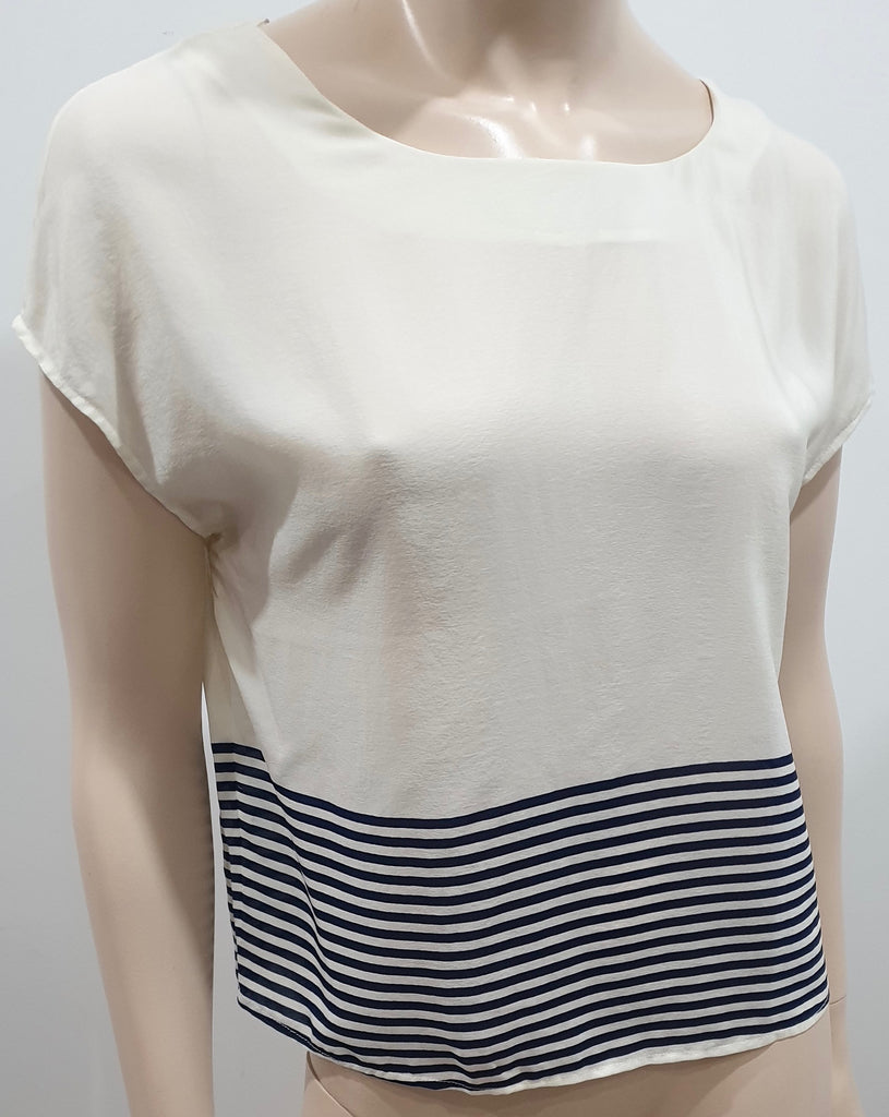 JOIE Cream Navy Blue Silk Round Neck Stripe Hemline Short Cap Sleeve Blouse Top