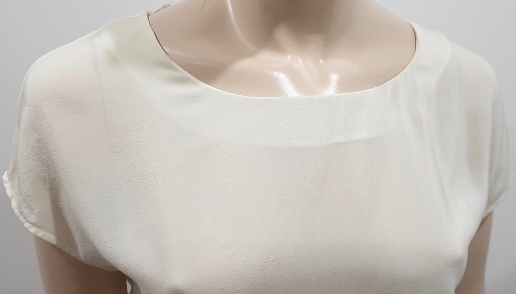 JOIE Cream Navy Blue Silk Round Neck Stripe Hemline Short Cap Sleeve Blouse Top