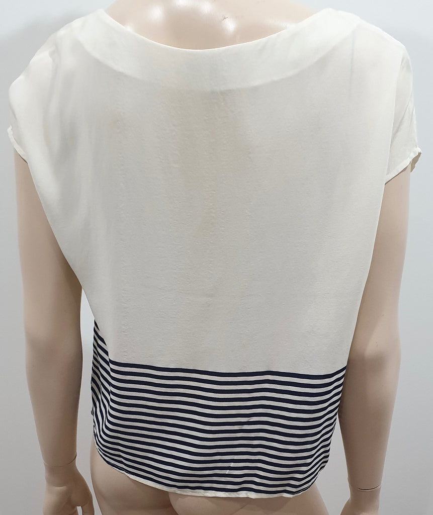 JOIE Cream Navy Blue Silk Round Neck Stripe Hemline Short Cap Sleeve Blouse Top