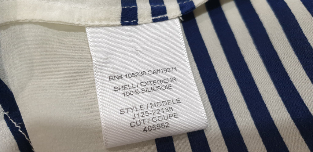 JOIE Cream Navy Blue Silk Round Neck Stripe Hemline Short Cap Sleeve Blouse Top